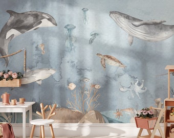 Ocean Life Wall Decal, Under the Sea Adventure Wallpaper Mural,  Nautical Nursery Decor, Marine Creatures, Kids' Room Wall Covering, Aquatic