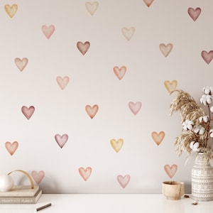 Heart Wall Decals, Watercolor Heart Wall Stickers, Girls Boho Wall Stickers, Removable Peel & Stick Fabric Decal, Pink Heart Wall Stickers