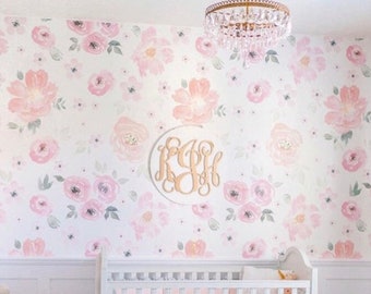 Pink Floral Blooms Removable Wallpaper. Flower Wallpaper. Pastel Floral Feature Wall. Simple Botanical Peel and Stick Wallpaper. Wall Paper