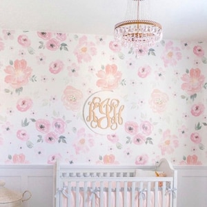 Pink Floral Blooms Removable Wallpaper. Flower Wallpaper. Pastel Floral Feature Wall. Simple Botanical Peel and Stick Wallpaper. Wall Paper
