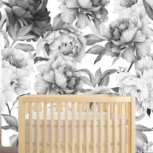 Papel pintado de peonías suaves, papel pintado de peonías en blanco y negro, monocromático, tradicional, autoadhesivo, decoración del hogar, decoración de paredes