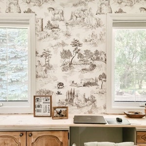 Toile Tapete, Französisches Dekor, Toile de Jouy Dekor, Beliebte Tapete, Anpassbare Tapete, Wanddekoration, Rustikale Tapete, Neutrales Dekor