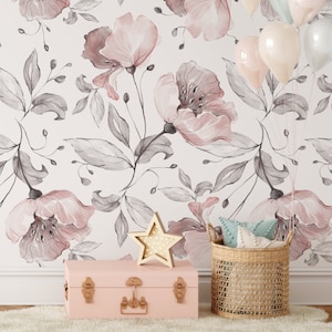 Once Upon A Flower Peel and stick. Removable Wallpaper. Woven. Self adhesive. Wallpaper for walls. Renter friendly.  Blush Pink Wallpaper