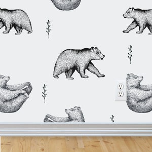Bear Removable Wallpaper, woodland nursery, nursery wall decor, rustic nursery wallpaper, peel and stick wallpaper, baby boy nursery image 2