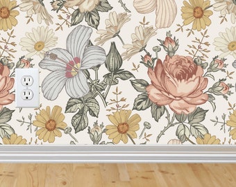 Abnehmbare Tapete mit Vintage-Blumenmuster / Tapete mit bemalten Blumen / Wand mit Blumenmuster / Peel Stick / Aquarell-Blumentapete / Mädchenzimmer