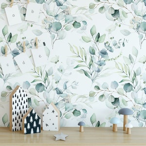 Watercolor Eucalyptus Removable Wallpaper. Peel and Stick. Plant Wallpaper. Plant Theme Wallpaper. Leaves Removable Wallpaper. Botanical.