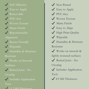 May include: A comparison chart of peel and stick vs. traditional wallpaper. The chart lists the pros and cons of each type of wallpaper, including self-adhesive, easy to apply, removable, PVC-free, woven texture, matte finish, repositionable, renter friendly, wipeable, humidity and moisture resistant, works on smooth surfaces, butted joint, includes application tool, and thickness. The chart also notes that neither type of wallpaper is recommended for heavily textured walls.