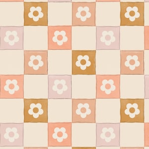 May include: A seamless pattern of white flowers on a checkered background. The squares are in shades of brown, pink, and light purple.