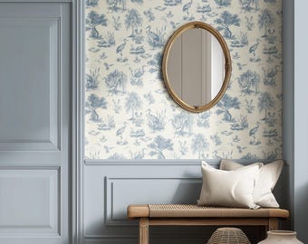 Marsh Heron Toile Wallpaper, Blue Bird Wallpaper, Vintage Coastal Wallpaper, Crane Wallpaper, Bathroom, Nursery, Peel and Stick