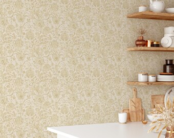 Beige Brocade Peel and Stick Wallpaper – Classic Floral Tapestry Design Wallpaper, Luxurious Bedroom Decor, Beautiful living Room Decor