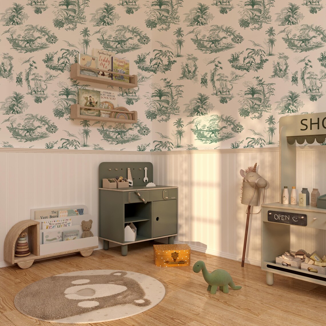 Buy Dinosaur Toile Wallpaper Classic Boys Room Wallpaper, Green
