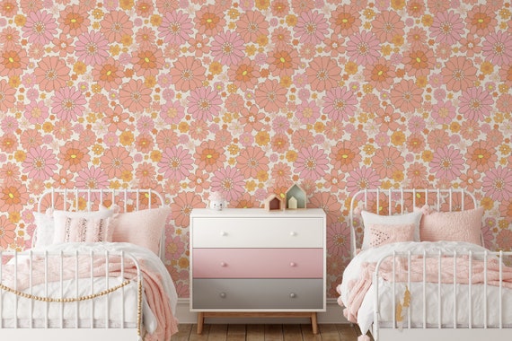 Retro Floral Wallpaper, Wildflower Wallpaper, Floral Wallpaper, Botanical Wallpaper, Bright Colored Wallpaper, Pink and Orange Wallpaper