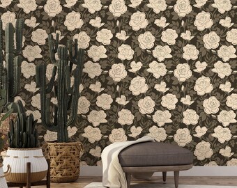 Ink Rose Wallpaper, Vintage Rose Floral Pattern, Dark Botanical Wall Design