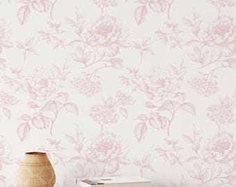 Floral Toile Wallpaper, Romantic Vintage Flower Wallpaper, Soft Pink Toile, Feminine Cottage Wallpaper