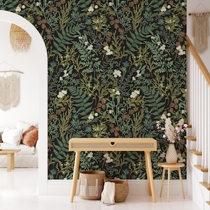 Vintage Dark Fern Botanical Wallpaper. Removable Wallpaper. Peel and Stick Wallpaper. Temporary Wallpaper. Botanical Wallpaper. Forest wall