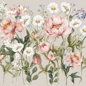 Puede incluir: Una pintura de acuarela de un ramo de flores rosas, blancas y moradas. Las flores est&aacute;n dispuestas en un estilo suelto y natural, y el fondo es de un gris suave.
