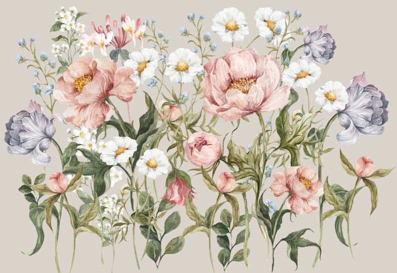 Puede incluir: Una pintura de acuarela de un ramo de flores rosas, blancas y moradas. Las flores est&aacute;n dispuestas en un estilo suelto y natural, y el fondo es de un gris suave.