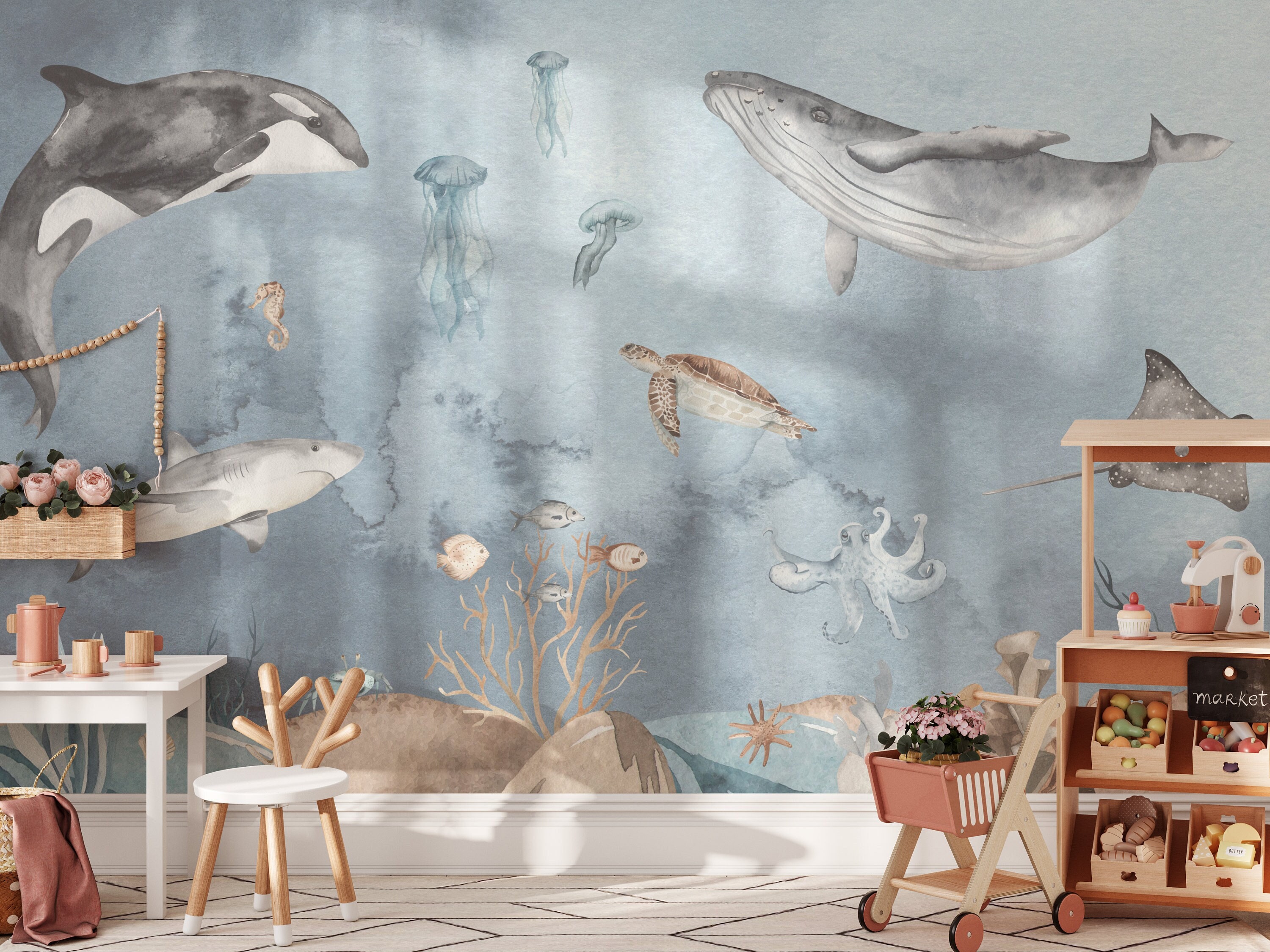 Ocean Life Wall Decal, Under the Sea Adventure Wallpaper Mural, Nautical Nursery Decor, Marine Creatures, Kids' Room Wall Covering, Aquatic