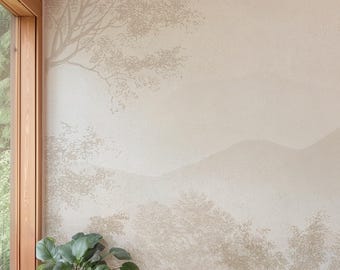 Japandi Landscape Wall Mural, Neutral Mountain Wallpaper Mural, Peel and Stick Wall Mural, Minimalist Nature Wallpaper