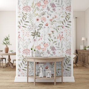 Peel and Stick Floral Grass Wallpaper, Boho, Watercolor Wild Flower Wallpaper, Pink Botanical Field Floral Wall Mural, Big Floral Wallpaper