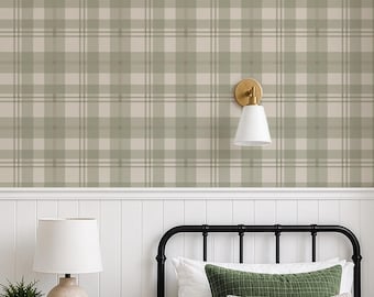 Green and Cream Plaid Wallpaper, Neutral Tartan Wallpaper, Cottage Wallpaper, Peel and Stick Wallpaper, Nursery