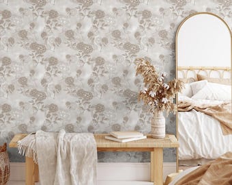 Linen Hydrangea Wallpaper, Thick Peel and stick wallpaper, Peel and stick wallpaper vintage, classic wallpaper, neutral wallpaper design