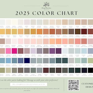 K&ouml;nnte beinhalten: Eine Farbkarte mit 100 verschiedenen Farben, jede mit einem entsprechenden Hex-Code. Die Karte ist mit "2025 Color Chart" beschriftet und enth&auml;lt den Text "Don't see the color you're looking for? Message us with your color preference!" und "MELISSA@ROCKYMOUNTAINDECALS.CA".