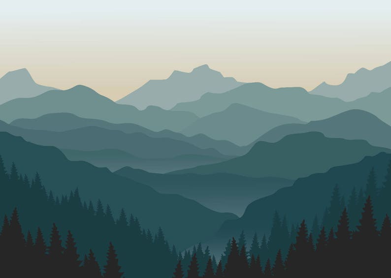 misty mountain wallpaper foggy mountain silhouette murale | etsy