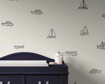 Nautical Boat Simple Outline Decals: Coastal Kids Room Decor - Customizable Colors