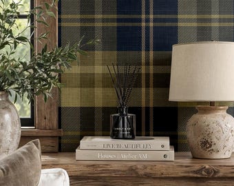 Oxford Plaid Wallpaper, Navy Blue Plaid Wallpaper, Green Tartan Wallpaper, Peel and Stick Wallpaper, Cottage Farmhouse Decor
