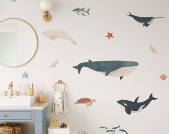 Ocean Decals for Kids Room, Playful Sea Creature Wall Stickers, Nautical Nursery, Marine Animal Decals, Whimsical Ocean Decor, Orca, Shark