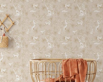 Neutral Woodland Toile Wallpaper, Woodland Animal Wallpaper, Forest Nursery Wallpaper, Vintage Storybook Wallpaper, Cottage Nursery Decor