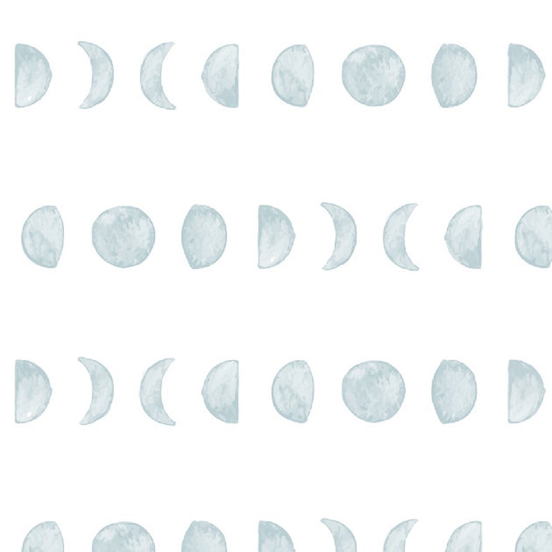 May include: A seamless pattern featuring the phases of the moon in a watercolor style. Each moon phase is depicted in a soft, muted blue-gray hue against a clean white background. The design repeats horizontally and vertically.
