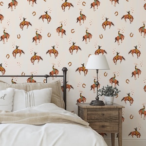 Bucking Bronco Wallpaper. Western Cowboy Decor. Accent Wall. Horse Pattern. Peel and stick wallpapers. Traditional Wallpaper. Horse Decor