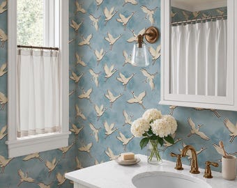 Skybound Cranes Wallpaper, Flying Crane Wallpaper, Blue Bird Wallpaper, Nature Wallpaper, Peel and Stick Wallpaper