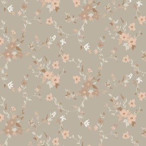 wallpaper pattern with pastel pink and brown rustic flowers intertwined with soft white branches on a taupe background, creating a warm, vintage aesthetic for wall covering