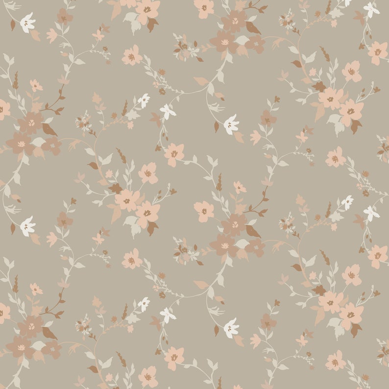 wallpaper pattern with pastel pink and brown rustic flowers intertwined with soft white branches on a taupe background, creating a warm, vintage aesthetic for wall covering