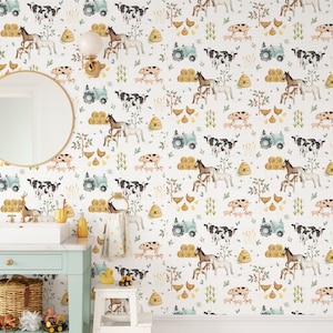 Farm Animals Wallpaper, Peel and Stick Wallpaper, Removable Wallpaper, Tractor Wallpaper, Temporary Wallpaper, Wallpaper, Peel and Stick