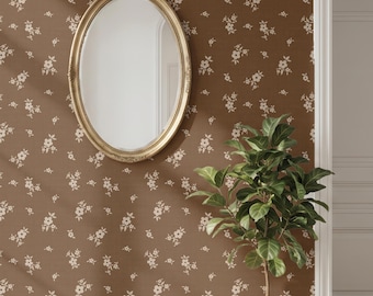 Brown Scattered Floral Wallpaper, Vintage Ditsy Floral Wallpaper, Cottage Wallpaper, Peel and Stick Wallpaper, Neutral Floral Decor