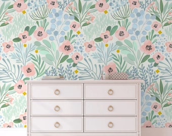 Dakota Days - Floral Wallpaper - Mint Decor - Nursery - Office Decor - Floral Wallpaper - Boho Wallpaper - Flower Wall Paper. Peel and Stick