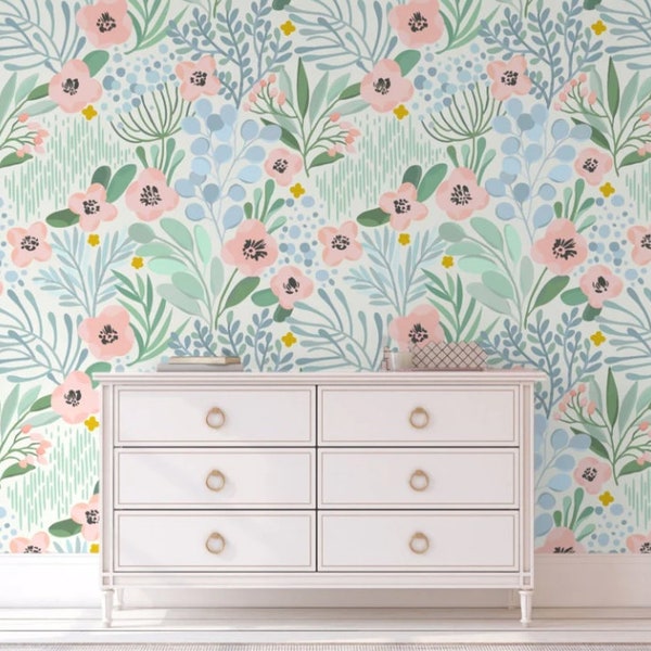 Dakota Days - Floral Wallpaper - Mint Decor - Nursery - Office Decor - Floral Wallpaper - Boho Wallpaper - Flower Wall Paper. Peel and Stick