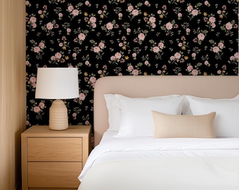 Noir Flower Wallpaper, Black Floral Wallpaper, Pink Rose Wallpaper, Moody Botanical Wallpaper, Vintage Floral Wall Decor