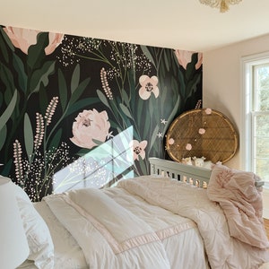 Papier peint jardin de fées, fées de la forêt, papier peint audacieux, salle de jeux fantaisiste, mur de fées, art mural magique, inspiration nature, mur fantaisiste