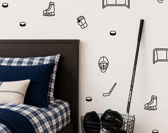 Simple Hockey Wall Decals, Hockey Stick & Puck Wall Stickers, Sports Nursery Decor, Hockey Bedroom Decor, Peel and Stick Decals