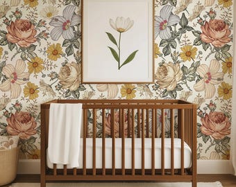 Madelyn Flowers Wallpaper, Removable Peel and Stick Wallpaper, Removable, Boho, Vintage Floral Removable Wallpaper, Kids Wallpapers, Spring