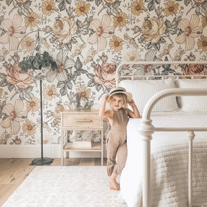 Vintage Floral Removable Wallpaper, Painted Flowers Wallpaper, Floral Feature Wall, Madelyn