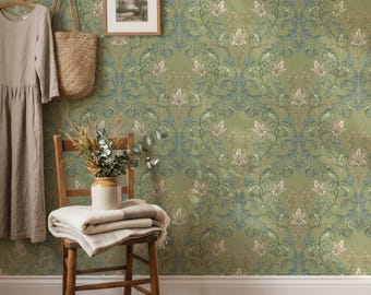 Matcha Botanical Wallpaper, Sage Green Art Nouveau Wallpaper, William Morris Style Wallpaper, Vintage Floral Peel and Stick Wallpaper