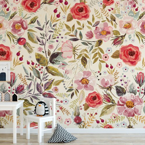 Floral Wallpaper Nursery Girls Room Removable Wallpaper Etsy