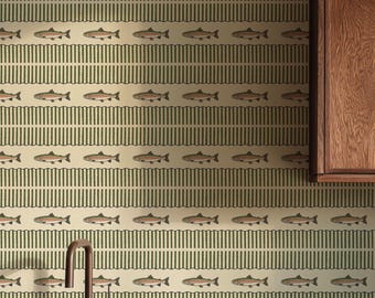 Trout Stripe Wallpaper, Fishing Cabin Wallpaper, Lake House Wallpaper, Cottage Stripe Wallpaper, Trout Decor