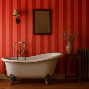 May include: A freestanding, cream-coloured bathtub with decorative feet and taps stands in a bathroom with red striped walls. A framed mirror, wall sconce, and small table with a vase are also visible.